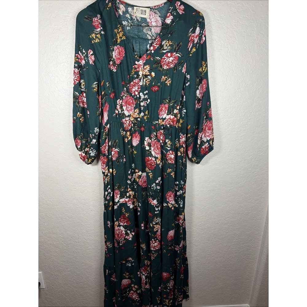 Just Found Long Sleeve Floral Tiered Maxi‎ Dress, Hunter Green, Size XL